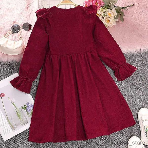 Vestidos de menina Vestido de crianças casuais para meninas outono primavera 2023 Novo botão frontal botão longa manga longa briga de bordado floral vestido vermelho roupas