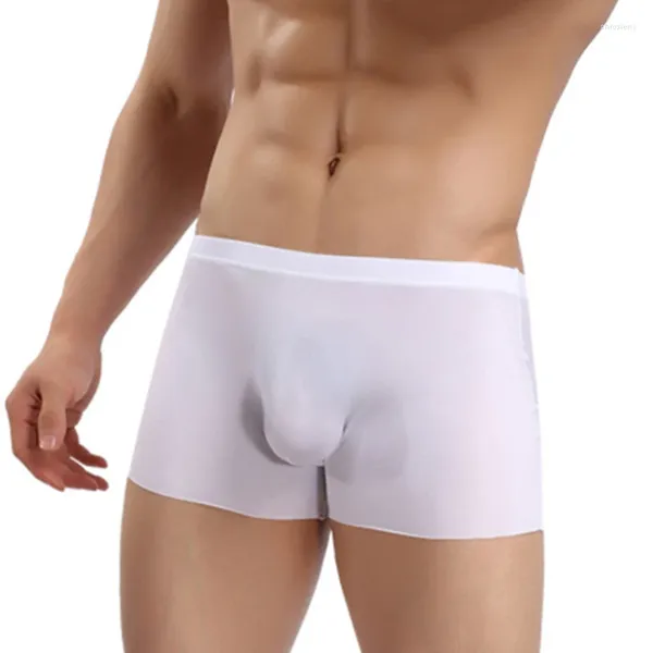 Cuecas masculinas ver através de boxer briefs de seda gelo sem costura roupa interior pênis bolsa masculino troncos respiráveis homem lingerie macia