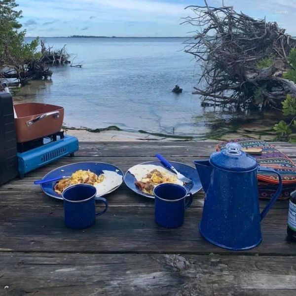 Serviessets Afdrukken Emaille Metaal Gietijzeren Kookgerei Braadpanset Voor Camping Familie Picknick Servies Bestek