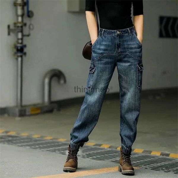 Frauen Jeans Jeans Frauen loser Herbst neue elastische Taille Straight Denim Hosen koreanische Taschenfreund-Freund Damen Knöchellänge Frachthose YQ231220