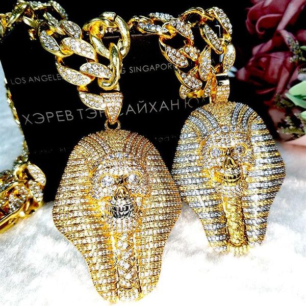 Ciondolo ghiacciato in argento oro 24 carati Faraone egiziano Collana in cristallo di rame con diamanti zirconi Collana pop con gioielli placcati sotto vuoto260S