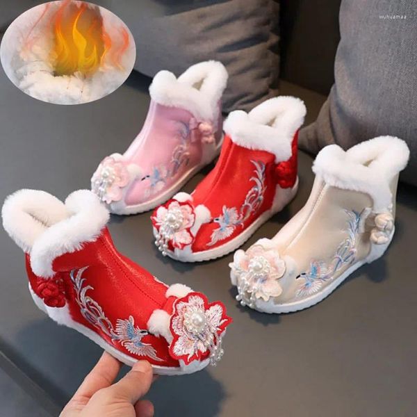 Botas bordadas pano princesa meninas inverno pelúcia quente ano sapatos vintage hanfu confortáveis apartamentos étnicos acolchoados botas