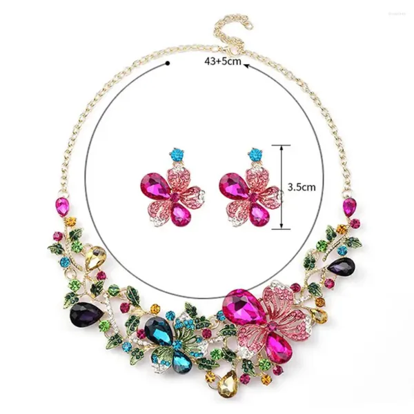 Orecchini di collana set di gioielli di lusso a foglie di fiori colorati di strass per feste da ballo da donna Brides Women