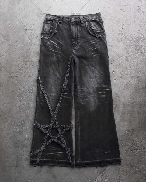 Gótico punk rock cinco estrelas bordado jeans masculino y2k rua hip hop solto cintura alta calças largas perna feminina 231220
