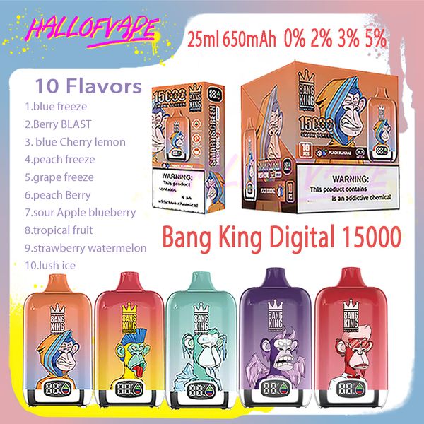 Original Bang King Digital 15000 Smart Screen Puff E Zigaretten 25ml Maschenspulen 0% 2% 3% 5% Level 650mAh wiederaufladbare Bettery 10 Geschmack