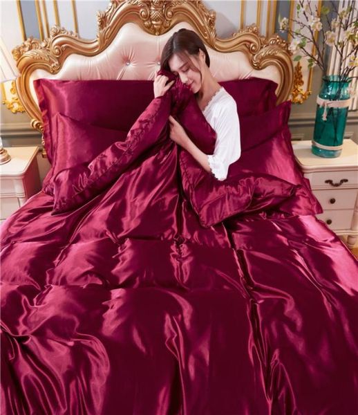 Conjunto de cama de seda sólida luxo branco casamento roupa designer cetim capa edredão lençóis casa têxtil rei rainha gêmeo tamanho 20111042253