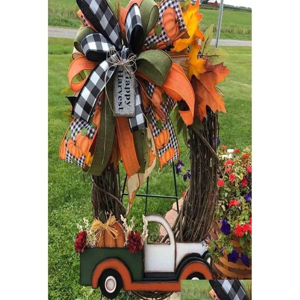 Flores decorativas grinaldas de abóbora caminhão grinalda queda para porta da frente fazenda sinal fresco outono decoração halloween roubado doorplate d dhezx