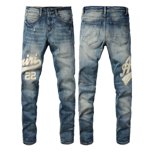Designer de moda jeans homens luz azul bordado amiryes carta couro lavado estiramento magro jeans juventude eua tamanho