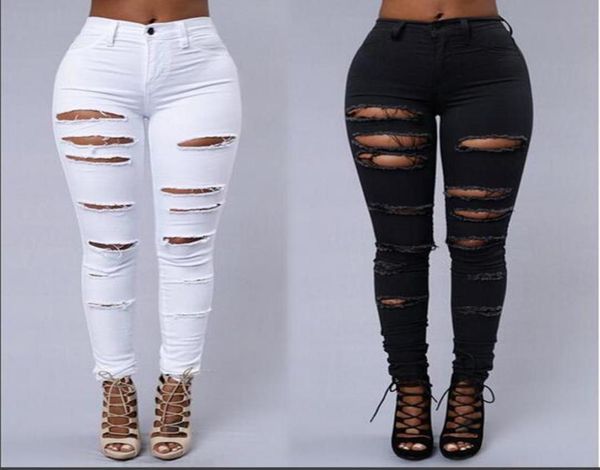 Jeans skinny da donna di High Street Jeans attillati sexy strappati sulla pelle Pantaloni di jeans a matita in bianco e nero alla moda4466220