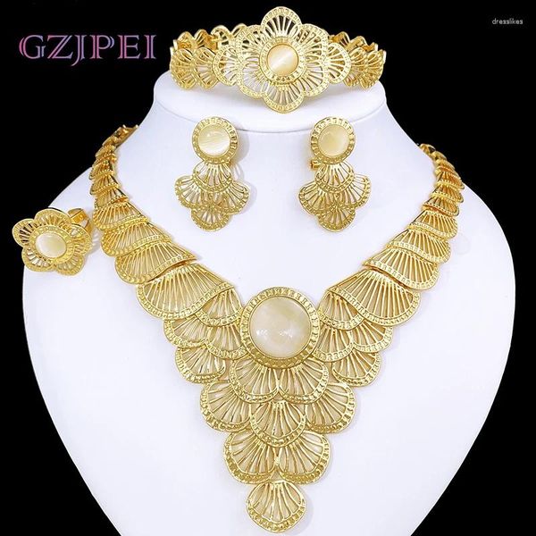 Brincos de colar Conjunto de jóias femininas dubai nigeria África moda 18k ouro banhado vintage Brincho de pedra branca Anel de pulseira