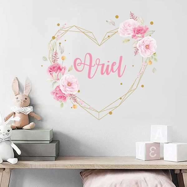 Nome personalizado Peony Flowers Girl Girl Bursey Wall Sticks Peel and Stick Decalques de parede de vinil Baby Kids Room Interior Decoração de casa Presentes 231221