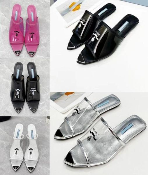 2022 Sandálias femininas sapatos de vestido de salto altos lâminas de designer de designer de moda plana de ponta de ponta de casamento transparente PVC LEATHE3602086