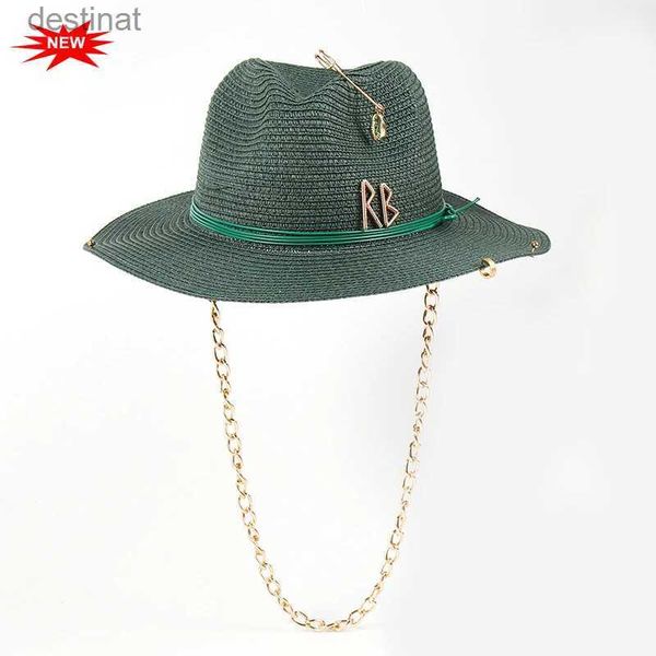 Chapéus de balde largura Chapéus de balde 2024 Chave de marca de luxo Chain Fedora Hats for Women Wide Brim Beach Chapé