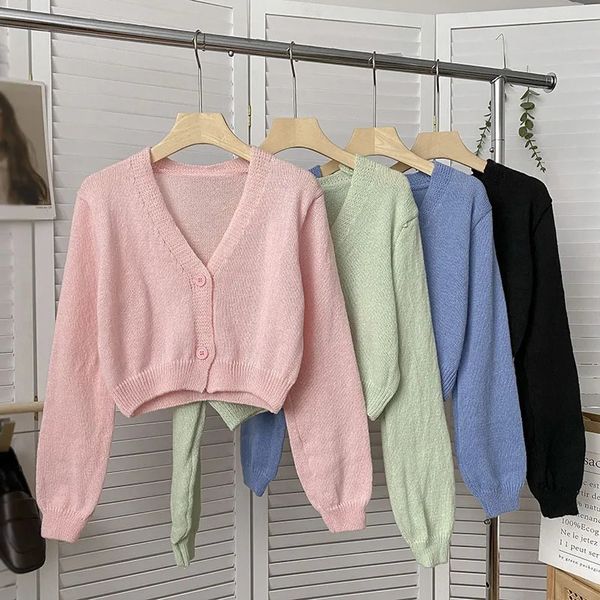 Y2K Women Cardigan suéter tricotado coreano coreano Short Slave Crop Top V Neck Moda Cloth 231221