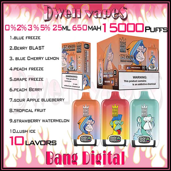 Bang King Digital 15000 Puff -Einweg -Vape 15K Puffs E Zigaretten VAPER 650 mAH wiederaufladbares Batteriegerät 25ml Patronen -Pod -Stange 0% 2% 3% 5% Level 10 Aroma Smart Screen