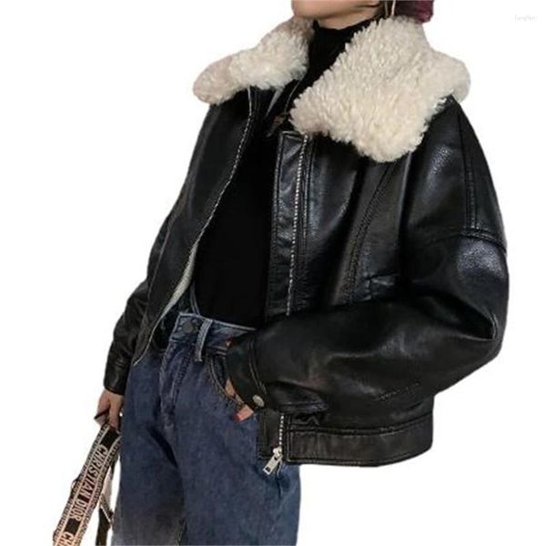 Женские кожаные куртки из искусственной овчины для женщин, верхняя одежда из искусственной кожи, теплые пальто, винтажные женские шикарные топы с длинными рукавами и поясом по краю, плотные модные топы