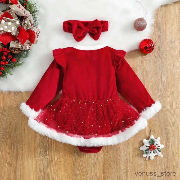 Vestidos de menina natal bebê vestido vermelho vestido recém -nascido menina de veludo vestidos de malha de malha de veludo vestidos de fiagem da cabeça da cabeça de fábrica de 2PCs