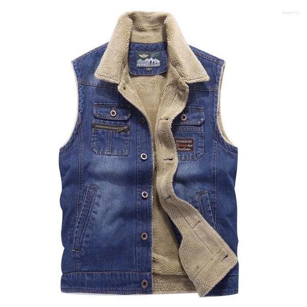 Gilet da uomo Gilet di jeans Autunno Inverno Giacca senza maniche in denim da uomo Gilet in pile caldo Abbigliamento casual da uomo taglie forti