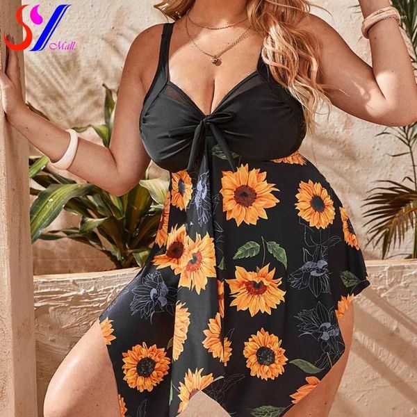 Mulheres Swimwear 2023 Plus Size Floral Imprimir Mulheres Tankini Cintura Alta Halter Tummy Control Two Piece Bikini Set