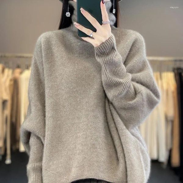 Suéter feminino de lã tricotado caxemira, pulôver de gola alta, outono/inverno, moda coreana, manga morcego, top solto