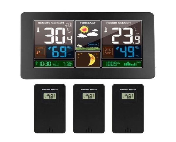 Wanduhr, LCD, digitale Wetterstation, 3 Sensoren, kabellos, Innen- und Außenthermometer, Hygrometer, Barometer, Prognose, moderne Uhr, Y208160308