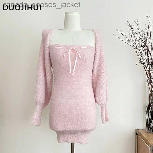 Платье с двумя частями Duojihui Два пьесы розовые сладкие женские платья в корейском стиле вязание мягкое шикарное лук может взрыв в Bult Pure Mini платье L231221