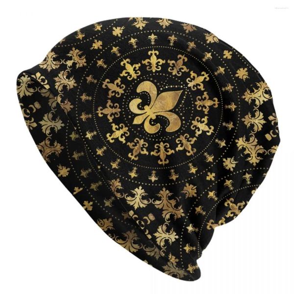 Boinas de ouro e preto Fleur de Lis Bonnet Hat Knitting Homens Mulheres Moda Unissex Fleur-De-Lys Flor Flor Invernal Banco de Feianos Aquentes