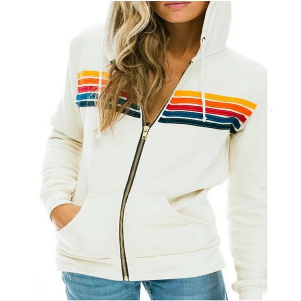 Felpa con zip da donna Nation 5 strisce arcobaleno a maniche lunghe con cappuccio maglione pullover a punto largo 231220