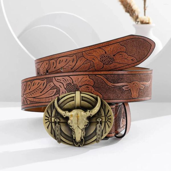 Gürtel 2024 Männer Cowboy Style Gürtel Kupfer Bullenschild Schnalle Kuh Haut Leder Rodeo Bullkampf Reitrinder Bundeszubehör Accessoires