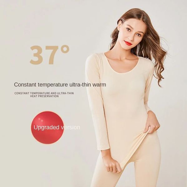 37 biancheria intima termica termica a riscaldamento sottile a temperatura costante invernale Pantaloni elasticizzati a maniche lunghe camicia girocollo da donna 231220