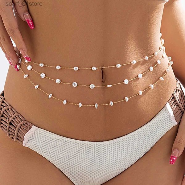 Taillenkettengürtel Salircon Koreanischer Charme Barock Imitation Perle Bauchtaille Kette Frauen Trend Metall Sommer Sexy Bo Kette Bikini Strand SchmuckL231221