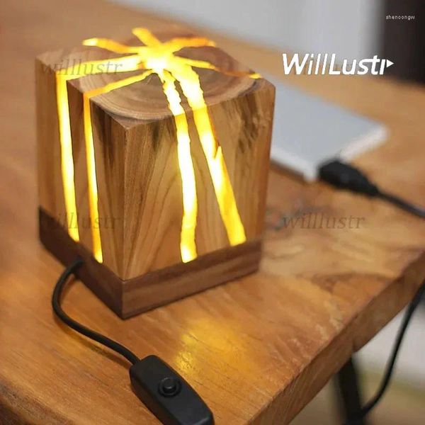 Tischlampen, rissige Holzlampe, modernes USB-Nachtlicht, für Café, Bar, Club, Wohnzimmer, Nachttisch, minimalistische Schreibtischbeleuchtung aus Holz