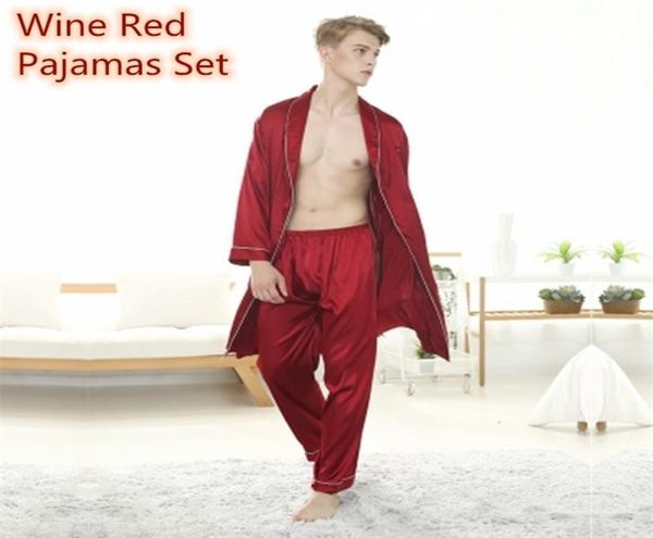 Men039s Pyjamas Silk Satin Pyjamas Set Nighthot Top Long Pants Navy Grey Wine Red Pyjamas Home Clothing Nachtwäsche für Männer 20113894944