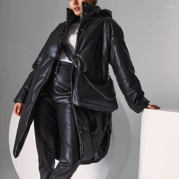 Damen Daunen YANA Mode Schwarz Dicke Kapuze Parkas Frauen Elegante Winter PU Leder Mäntel Einreiher Lange Baumwolle Jacken Damen