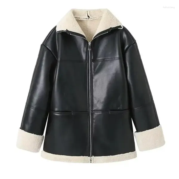 Giacca da donna in pelle da donna 2023 sexy Y2k in pelliccia integrata giacche invernali finte nere cappotto sciolto con zip caldo