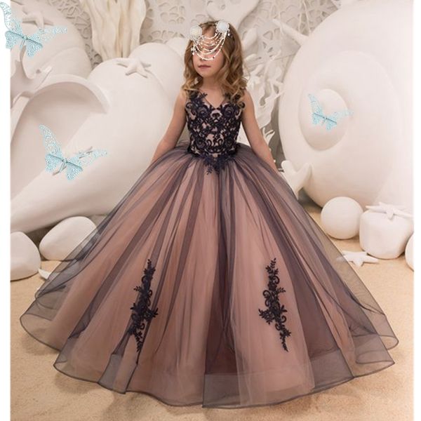 Navy Blue and Blush Lace Tulle Flower Girl Flower Girl Dress per occasione speciale per la damigella d'onore per matrimoni di compleanno di compleanno