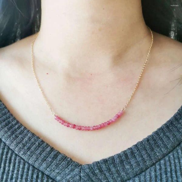 Tartışmalar el yapımı doğal taş gerdanlık pembe turmalin 14k altın dolu zincir kolye bohemia kadın takı collier femme yakalar mujer