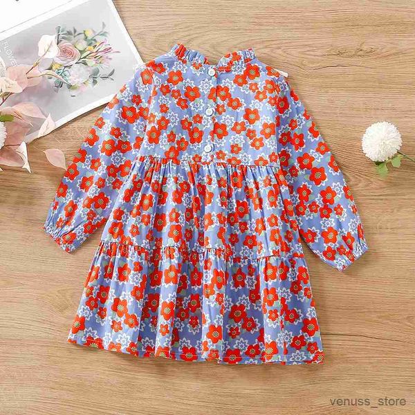 Mädchenkleider Kleinkind Girls Blumendruck Kleid Frühling Autumn Kinder Spitze Patch Trimmgeschnitten lässige Langarm -Kleid Kinder Kleidung neu