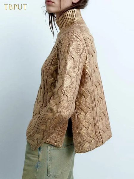 Camisola de gola alta de ouro metálico para mulheres outono moda solta manga longa divisão malha pulôver inverno chique senhora casual malhas 231221