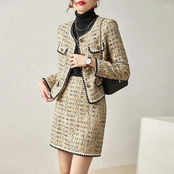 Vestidos de trabalho no estilo coreano 2023 Autumn Winter Ratante Contraste Cor da saia de tweed de tweed de seda brilhante