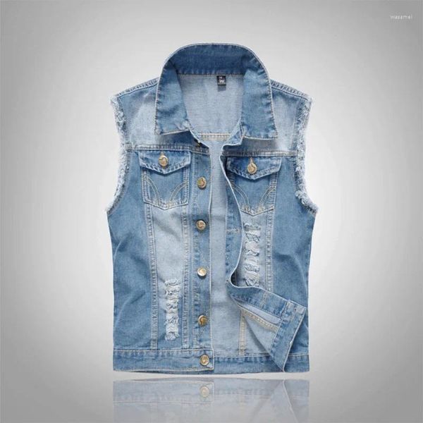 Erkek Yelek İlkbahar ve Yaz Erkek Gündelik Mavi Denim Yelek Erkek Tek Göğüslü Jean Gençlik Yakışıklı Delik Ceket Artı Boyut S-6XL