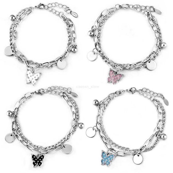 Bracciale in acciaio inossidabile lucido con perline nuovo giovane tendenza doppio strato braccialetti gioielli da donna braccialetto regolabile con farfalla dipinta GiftL231221