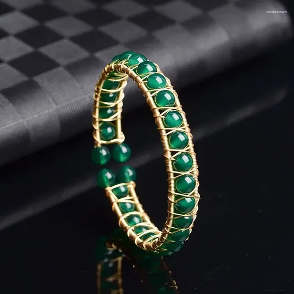 Armreif 14K vergoldet, eingelegte natürliche grüne Jade, Damenarmband, Ethno-Stil, handgefertigt, Größe verstellbar