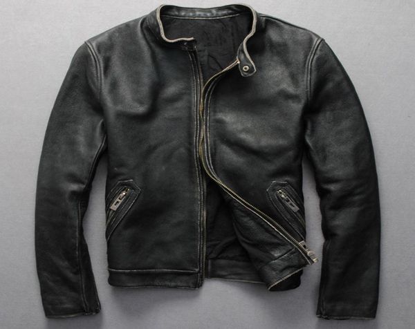 Jaqueta de couro genuína vintage masculino preto casaco de motocicleta curta curta Men039s Casaco de couro fino Chaqueta Cuero HOMBRE3814896