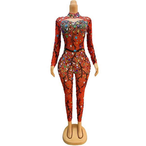 Kadınlar Çok Renkli Kristal Sıska Tulum Uzun Sleeve Şeffaf Kesim Elastik Bodysuit Rhinestone Tayt Sahne Performansı Pırlanta Tek Tekerlek Gece Kulübü Kostüm