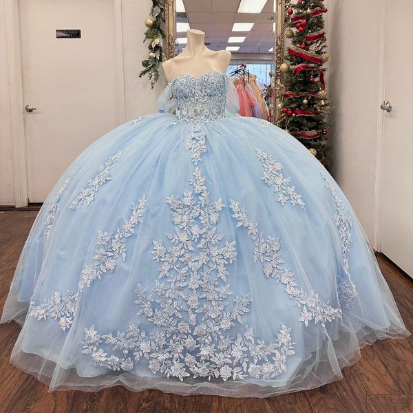 Небесно-голубое блестящее платье Quinceanera Бальное платье с открытыми плечами Тюль Аппликации Кружево Тюль Пышные мексиканские милые платья 16 15 Anos