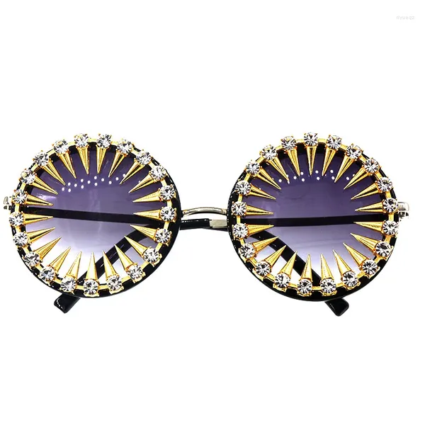 Güneş gözlüğü Diy moda yuvarlak elmas çerçeve kadın kadın gözlükler perçin dekorasyon retro bayanlar parti güneş gözlükleri