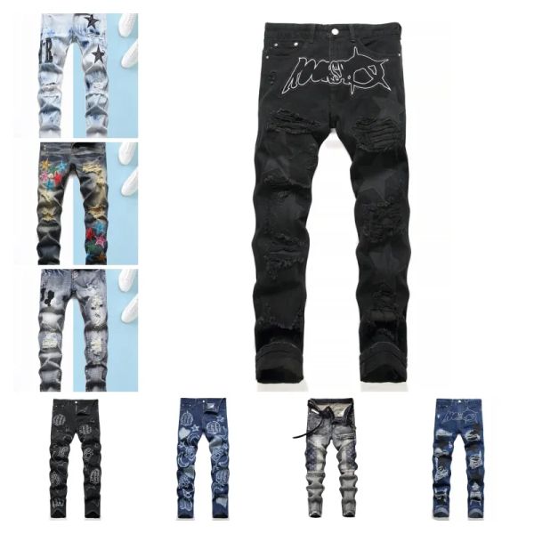 Men Badge Rips Stretch Black Jeans Moda masculina Slim Fit Washed Motocycle Pants jeans com painéis de hip hop 9 cores