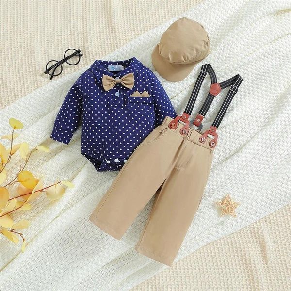 Set di abbigliamento Completi per neonati e bambini 3 pezzi Camicia con stampa a pois a maniche lunghe Pantaloni con bretelle Cappello Set di vestiti da gentiluomo