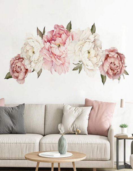 Lindas flores de peônia rosa adesivos de parede para quarto de crianças sala de estar decoração de casa decalque de parede decoração de casa berçário de bebê 6279383